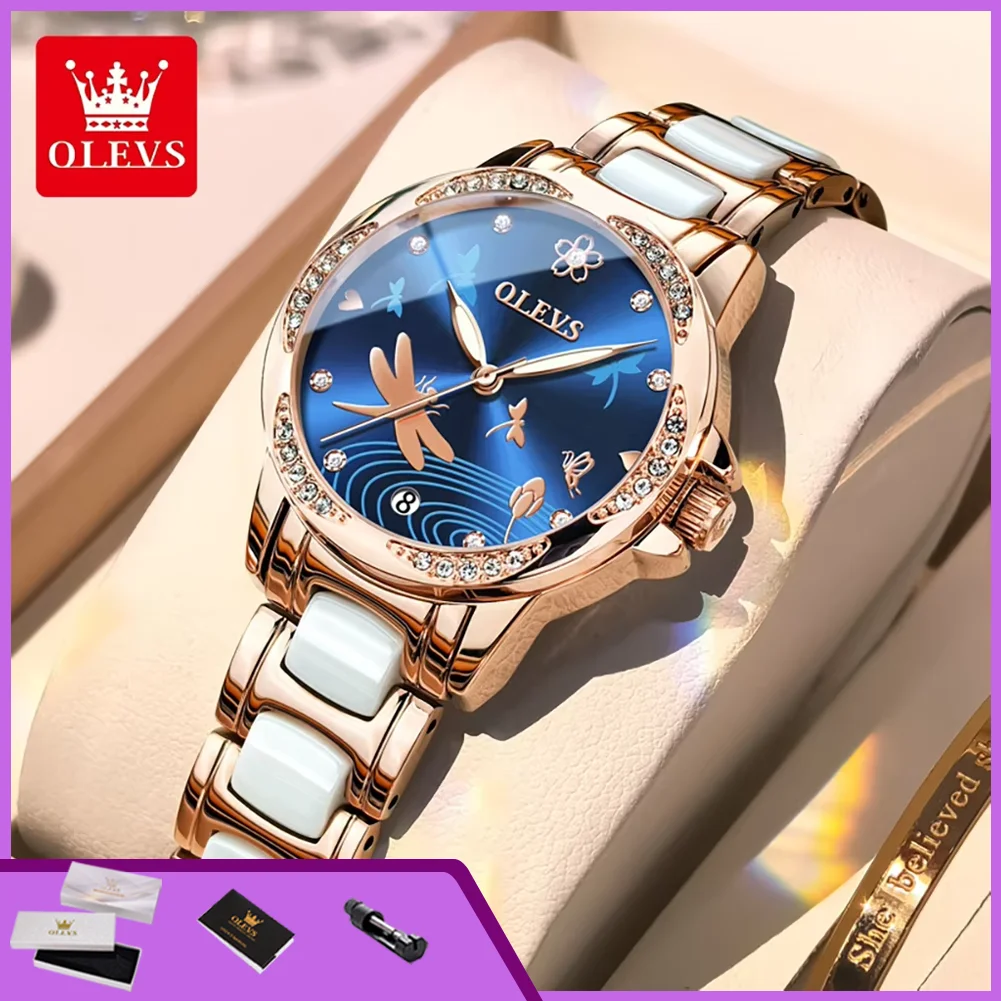 OLEVS 6610 Hot Sale Ceramics Strap Mechanical Women's Watches Rose Gold Diamond Bezel Luxury Elegant Automatic Watches for Woman