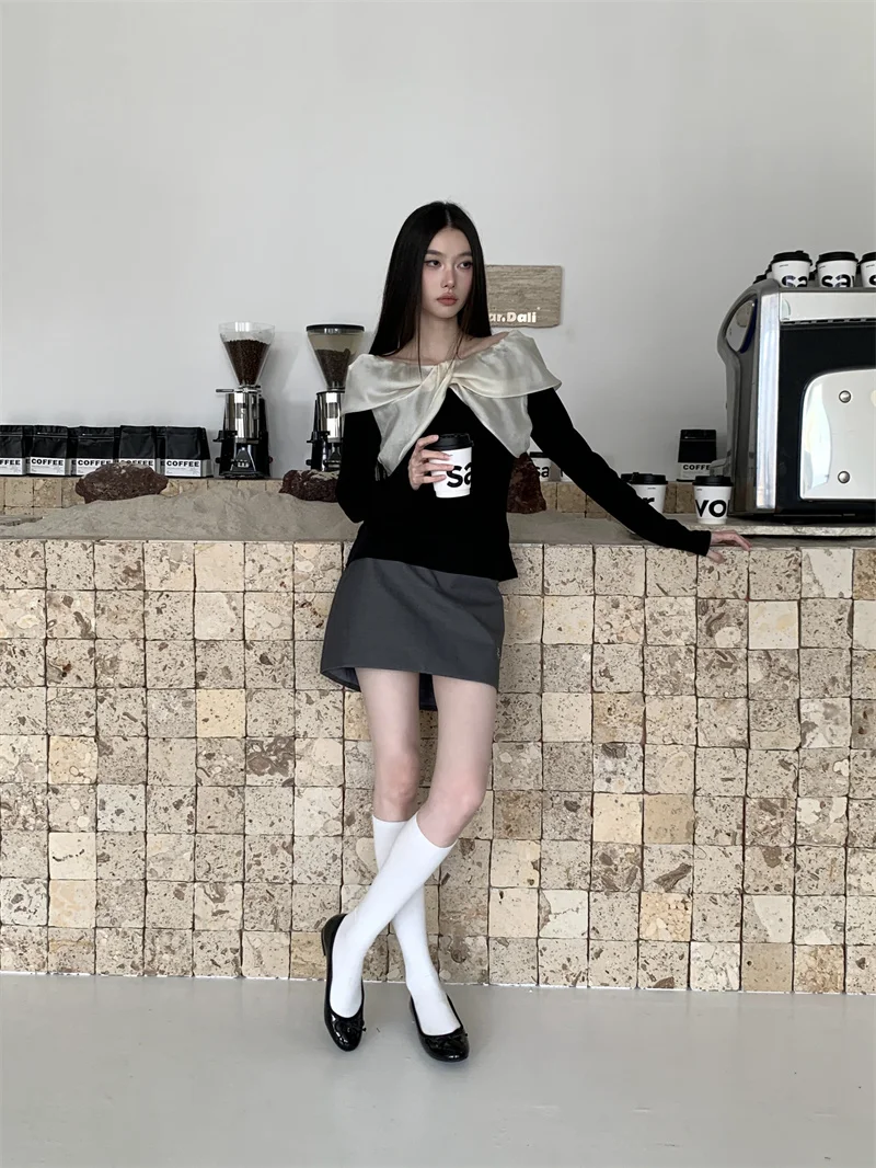 CHEERART Designer 2025, Herbst-Strickoberteil, Langarmbluse, Damenfliege, schwarze Strickwaren, niedliche modische Top-Kleidung