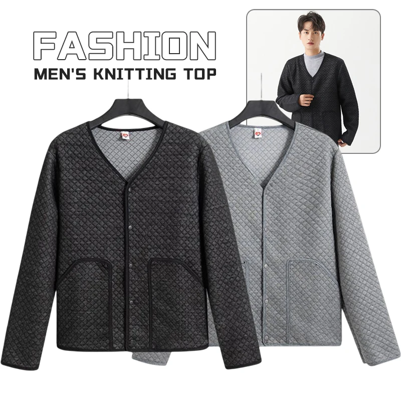 Men's Knitted Cotton Cardigan Jacket Home Casual V-neck Plaid Comfortable Warm Air Conditioning Clothing Long-sleeved Top