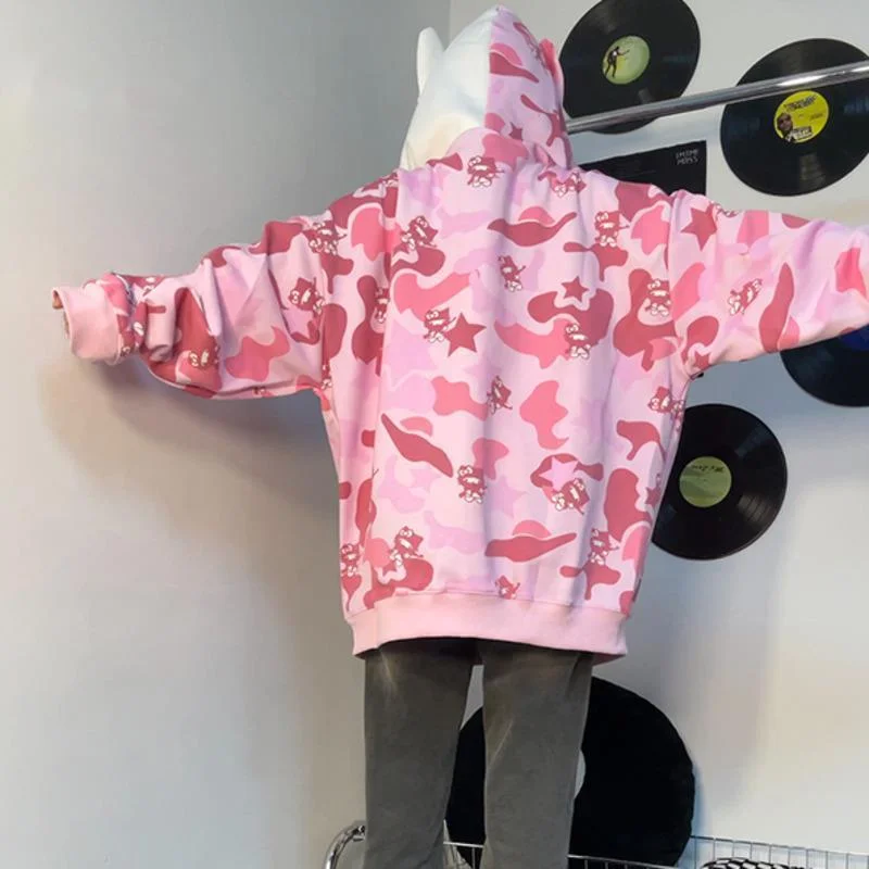 Chaqueta de manga larga de Hello Kitty para mujer, Sudadera con capucha holgada con cremallera, chaqueta cálida de terciopelo con estampado de