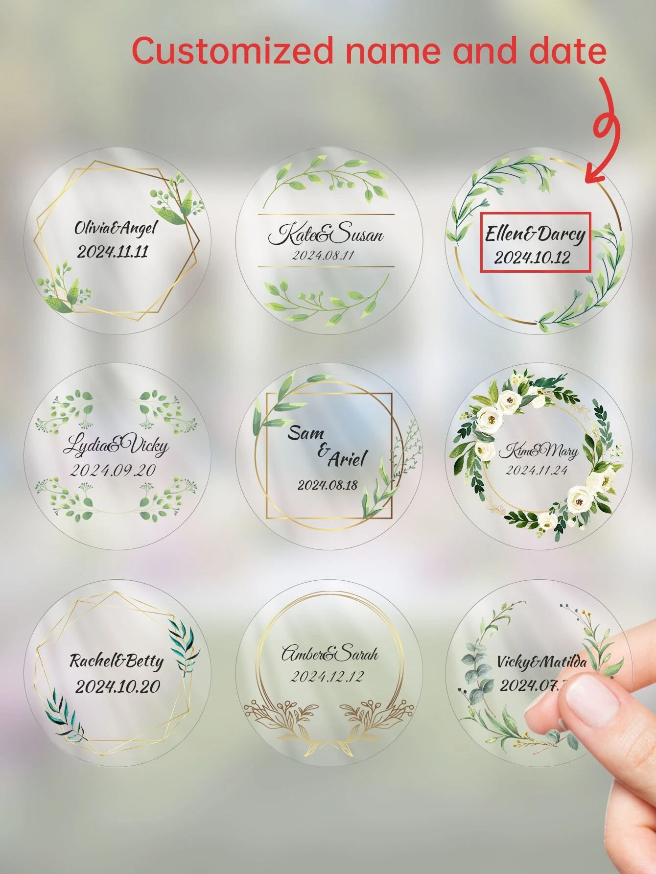 

Индивидуальные цветочные свадебные круглые наклейки с именем и датой, белый фон для коробки конфет, подарочная уплотнительная выпечка, свадьба, день рождения, Vale