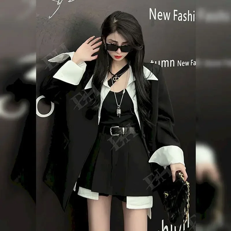 UNXX Set Women Autumn Spring Korean Style Suit Jacket + French Skirt Fashion Two-piece    High Street Blazer Sets