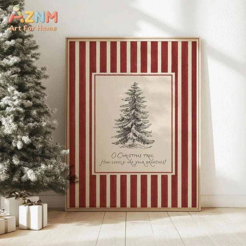 Vintage Striped Christmas Tree Canvas Wall Art Retro Xmas Quote Print Festive Farmhouse Home Wall Decor Unframed Canvas Poster