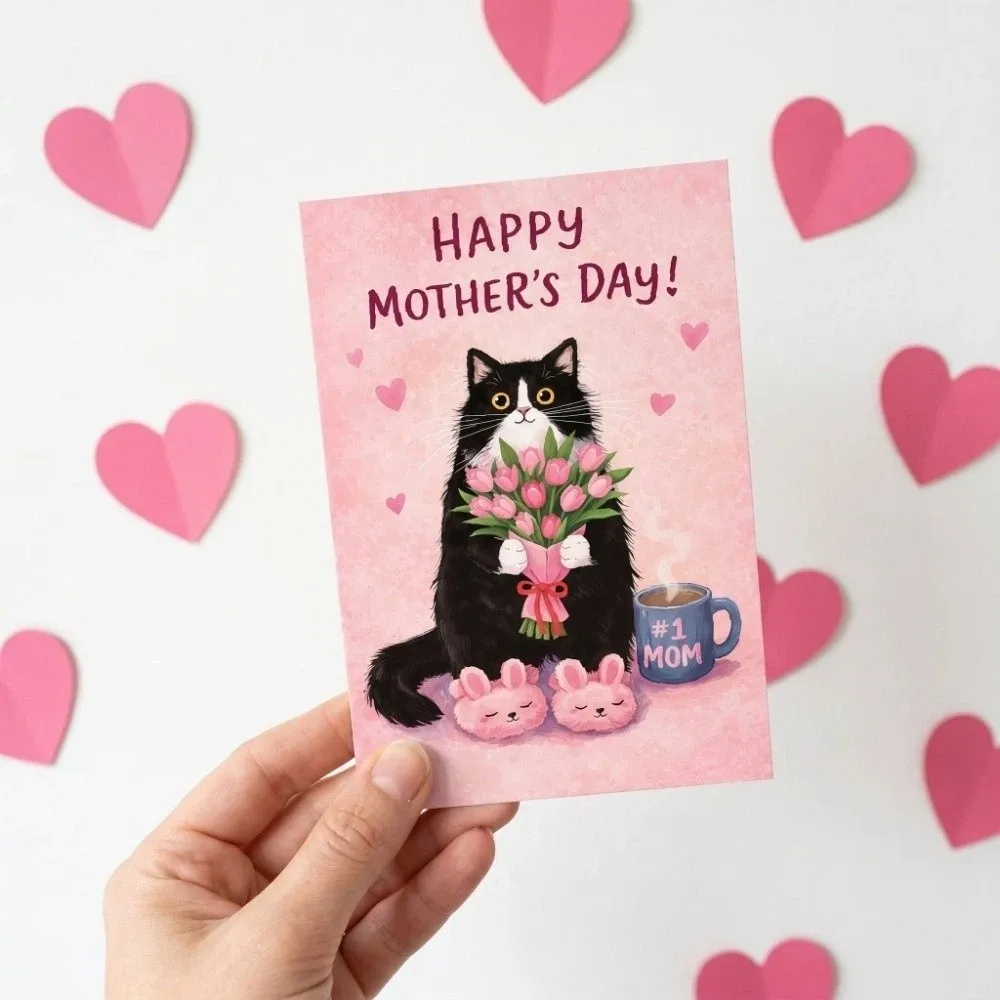 Cats Holding Pink Tulips Mother's Day Greeting Card Blessing Message Novelty Happy Birthday Card Paper with the Words