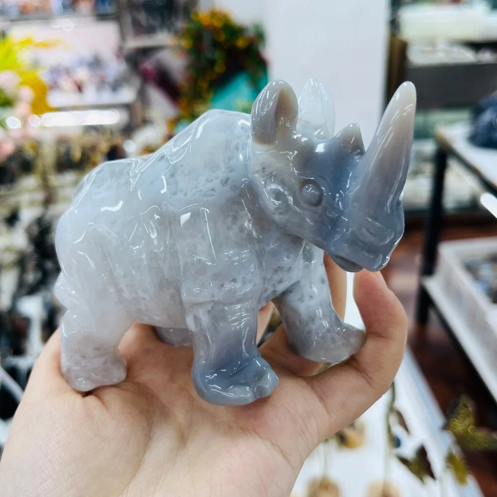 1PC Natural Geode Agate Rhinoceros Crystal Carving Gift Hand Carved Natural Agate Animal Crystal Healing Pendant Decor Gift