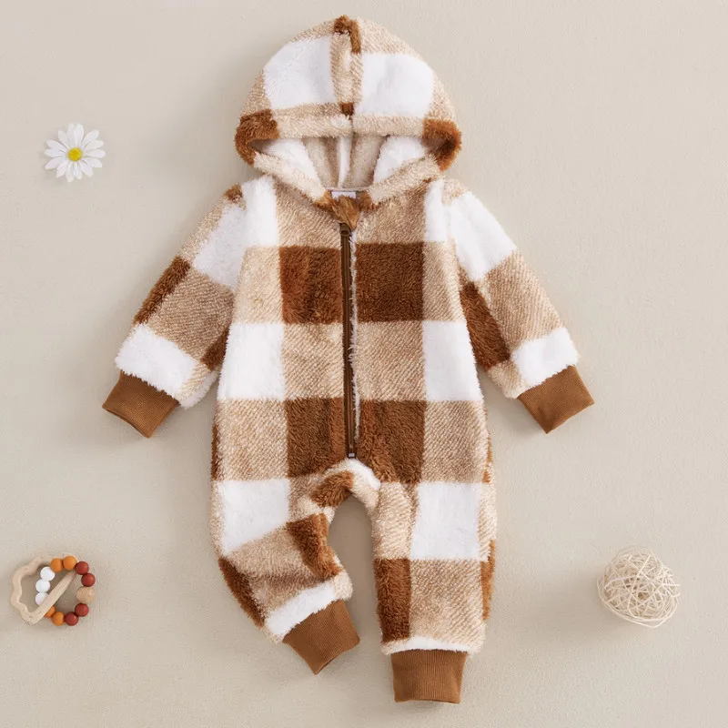 0 to 18 Months Baby Checkered Hooded Romper Autumn Winter Clothes Plush Fleece Zip-up Long Sleeve Jumpsuit Baby Clothing