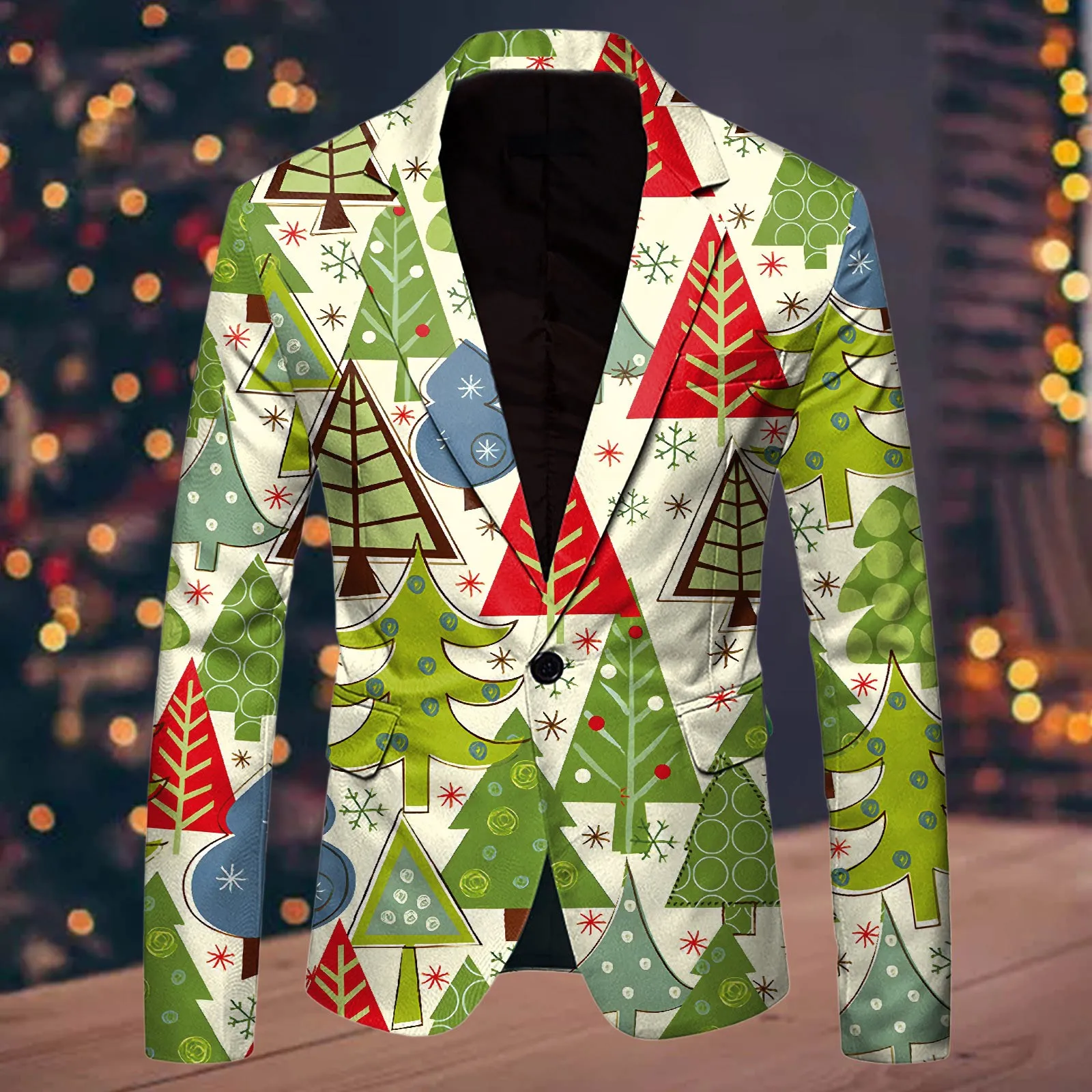 Christmas Tree Snowflake Printed Pocket Suit Coat Men Lapel Single Button Agent Blazer Slim Fit Formal Festive Party Jacket