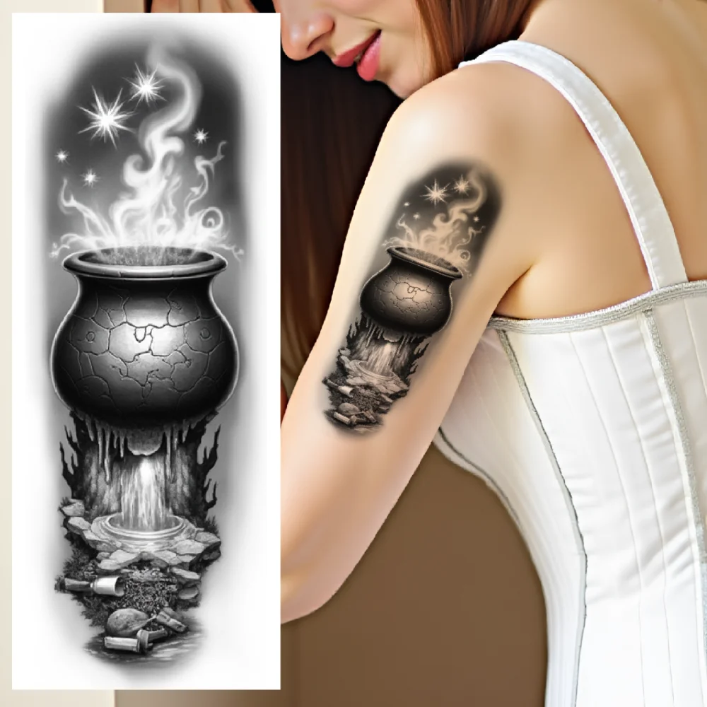 3pcs Temporary Tattoo Urn With Candle Realistic Temporary Tattoos Sewing Machines Keyhole Black And Grey Realism For Thighs