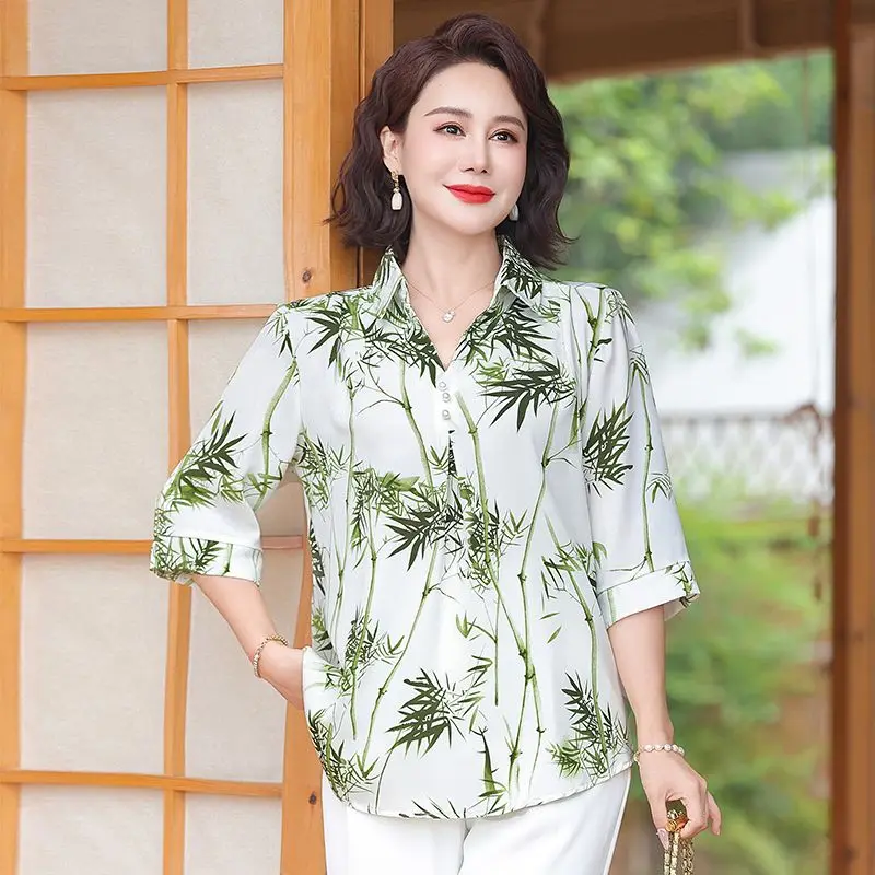 

Women's New Lapel Print Shirt Loose-crown Sleeve Top