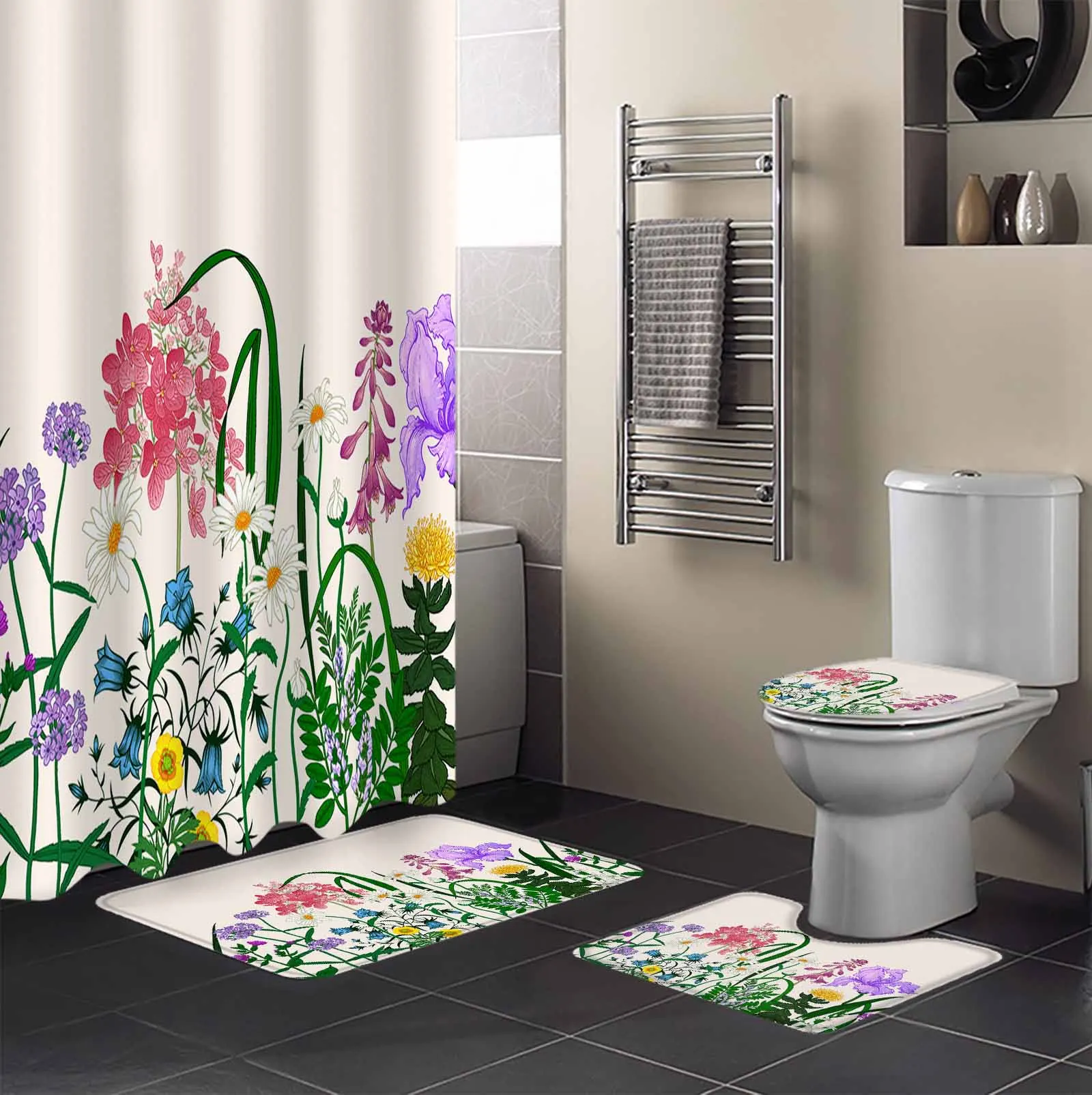 Spring Plants Flowers Herbs Shower Curtain Non-Slip Rugs Toilet Lid Cover and Bath Mat Bathroom Curtains with Hooks