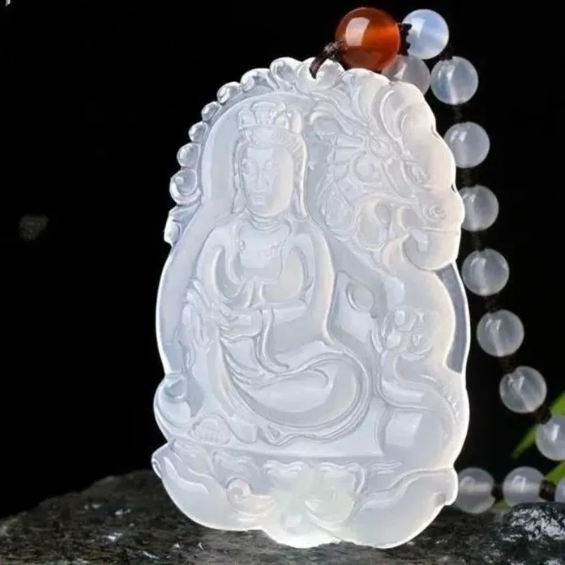 

Natural Agate High Ice White Chalcedony, Dragon Riding Guanyin Pendant Pendant