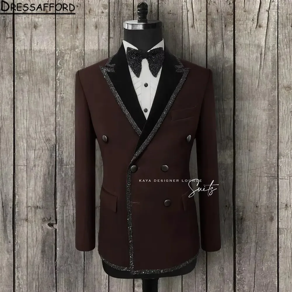 Brown Men Suits Beading Edge Groom Wedding Tuxedos 2 Pieces Sets Dinner Prom Blazers Terno Masculino Completo