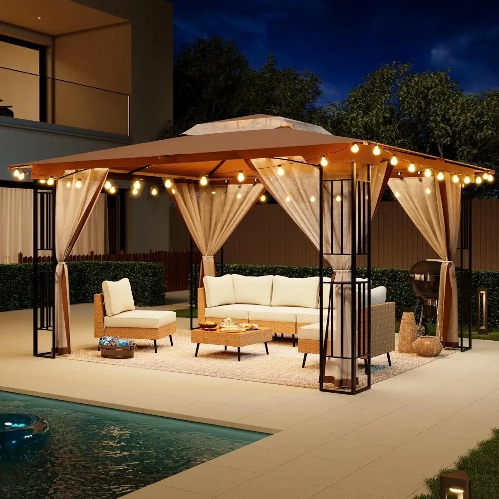 13x11ft Outdoor Gazebo with String Lights, Steel Frame Double-Tier Roof & Mosquito Netting, Party Tent, Custom