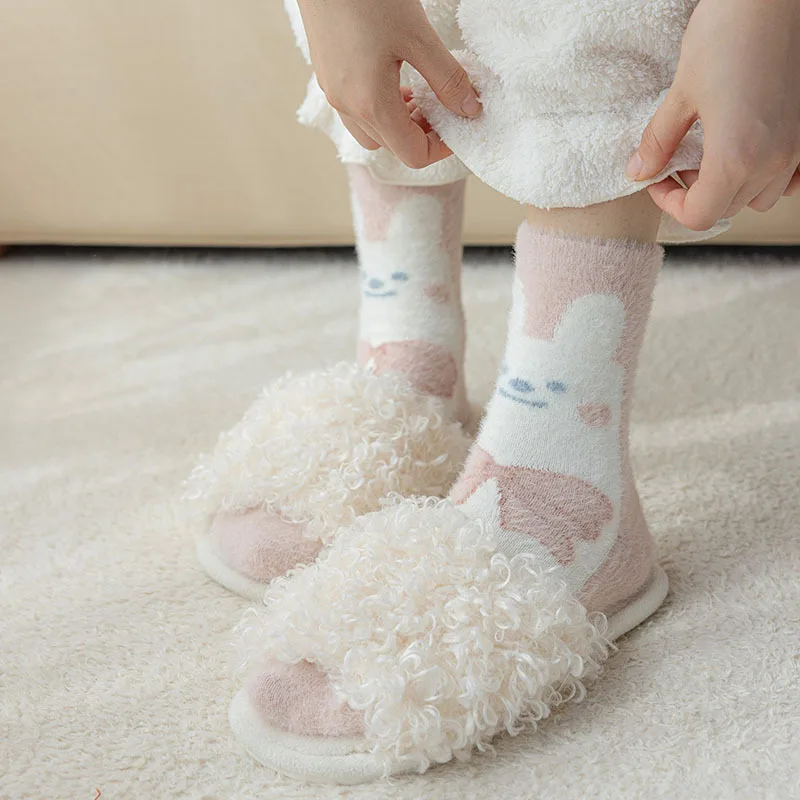 Sweet Pink Rabbits Bowknot Imitation Mink Socks Winter Plush Warm Home Sleeping Socks Ins Japanese Cartoon Cute Furry Tube Socks