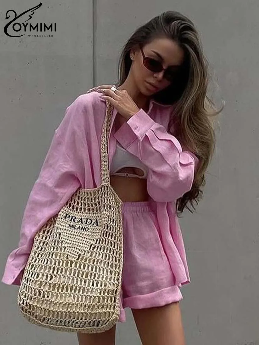 Oymimi-Conjunto de 2 piezas de algodón y cáñamo para mujer, elegante camisa de manga larga con botones y pantalones cortos simples de cintura alta,