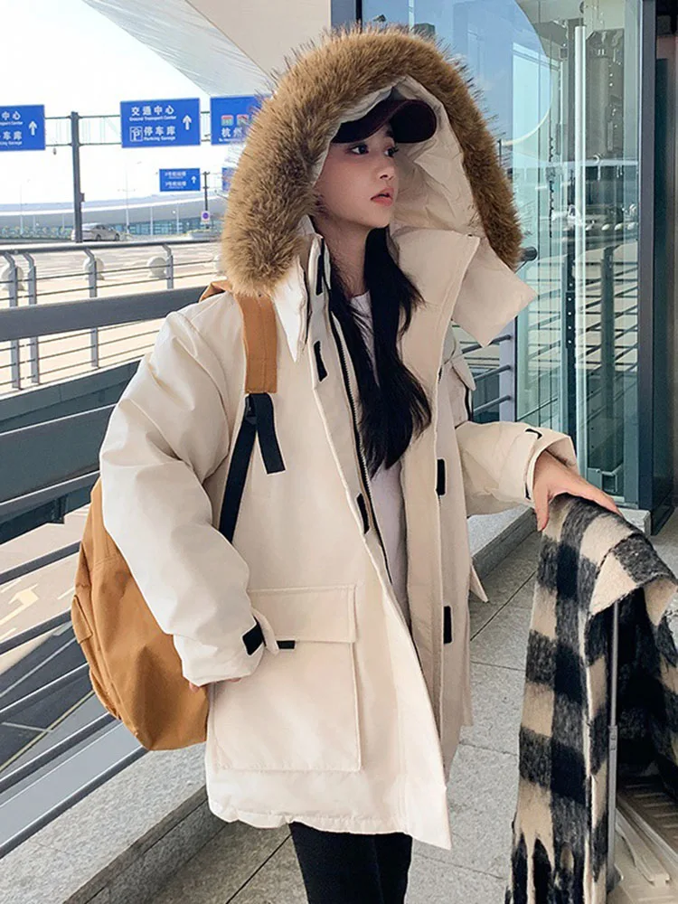 Korean Design Thicken Loose Jackets Tops Women Hooded Zipper Long Sleeve Abrigos Winter Warm Faux Fur Collar Down Cotton Coats