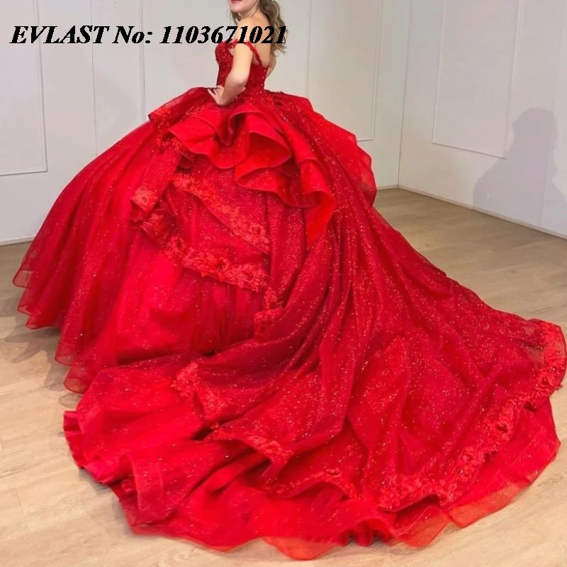 Evlast ชุดเดรส quinceanera แวววาวสีแดงชุดไปงานเต้นรำลูกไม้ applique ลูกปัดคริสตัลฉัตรเม็กซิโกหวาน16 vestidos de XV 15 anos SQ103