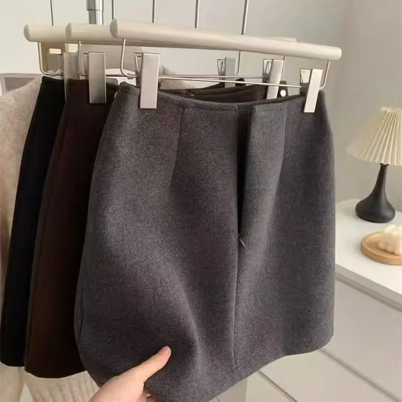 Herbst Winter Vintage Wollrock Damen 2026 Koreanischer A-Linien Schwarzer Kurzrock Eleganter Vielseitiger Dicker Minirock Harajuku