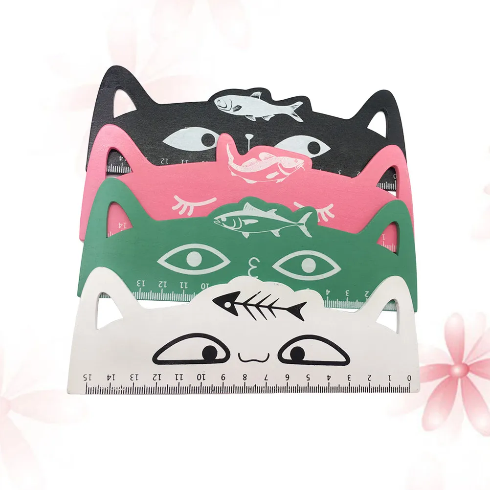 4Pcs Wooden Cat Shape Rulers 15cm Clear Scale Measuring Tools for Kids School Office Supplies Cartoon Animal Design