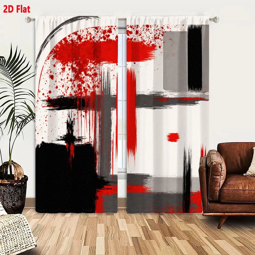 2Pcs Curtains 2D Flat Abstract Artwork Bold Brushstroke Shapes Splatters Red Black Gray On White Background Dynamic Chaotic Visu