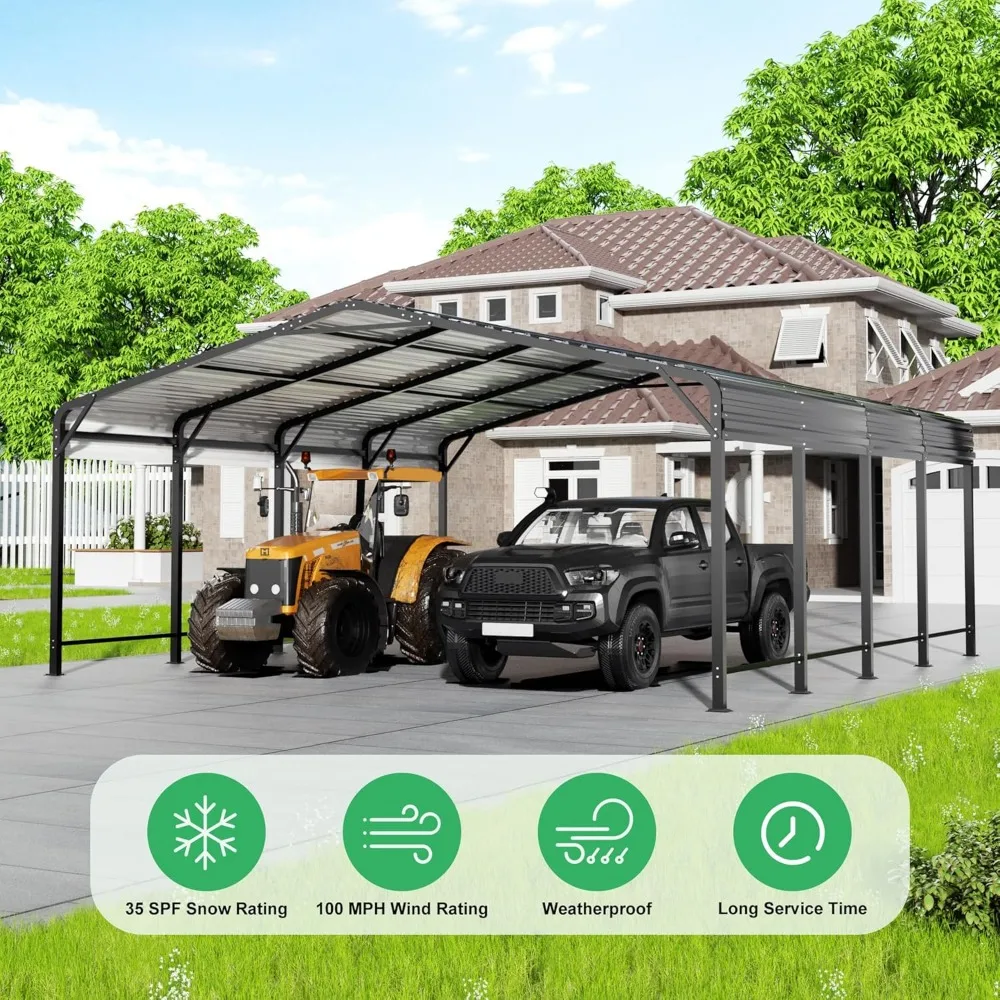 20x20 FT metalen carport met robuuste carportluifel, carport met versterkte basis en vijf luifelbalken, autogarage