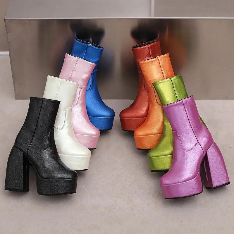 2023 New Sexy Chunky High Heels Ankle Shoes For Women Punk Style Zipper Thick Platform Green Blue Red Short Booties Plus Size 47