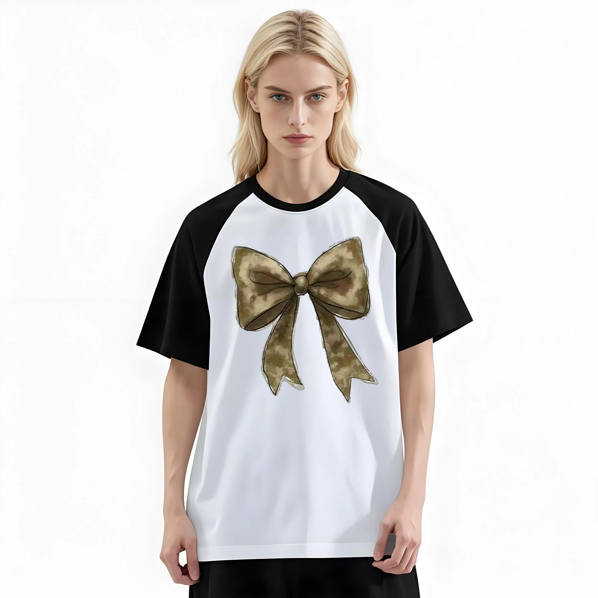 Women'S Fashion Raglan Sleeve T-Shirt, Camouflage Vintage Hand Drawn Bow Knot Retro Grunge Printed, Summer Casual Comfortable Tee, Women'S Everyday Short-Sleeve Top