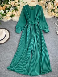 Women's Spring Autumn Jumpsuit New Solid Color Round Neck Long-sleeved Pleated Wide-leg Pants Lace Up Thin Jumpsuit LL061