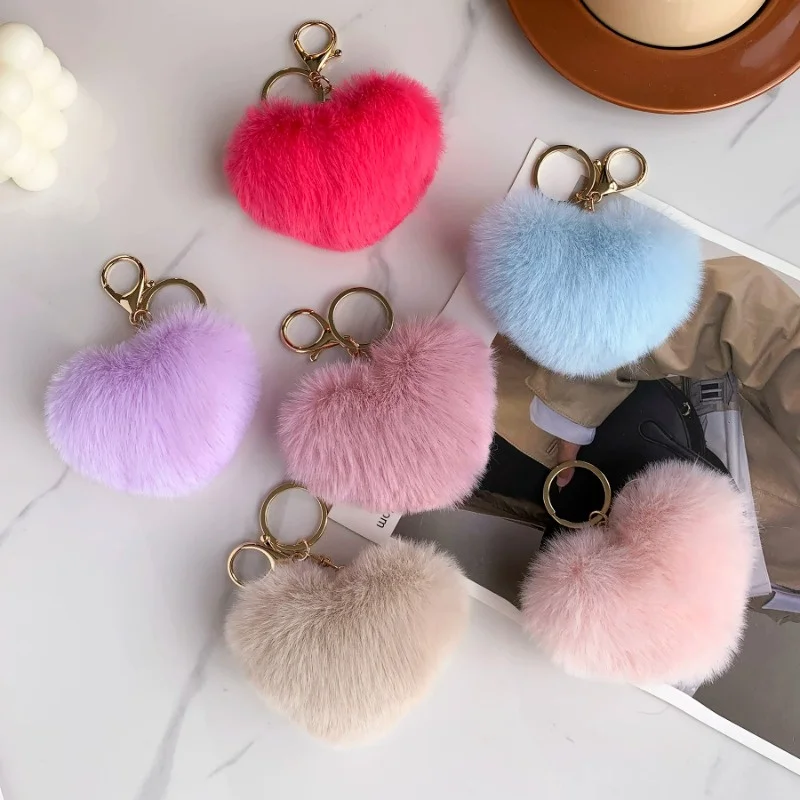 Cute Love Heart Plush Bag Pendant Fluffy Ball Imitation Rabbit Fur Key Chain Bag Accessories Solid Color Car Key Ring