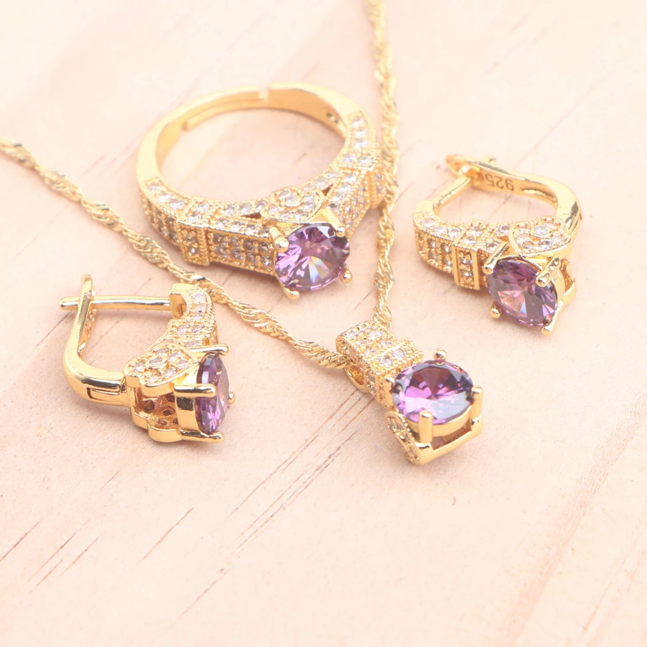 

Bridal 925 Silver Jewelry Sets For Women Wedding Gold Color Purple Zircon Stones Earrings Necklace Rings Set