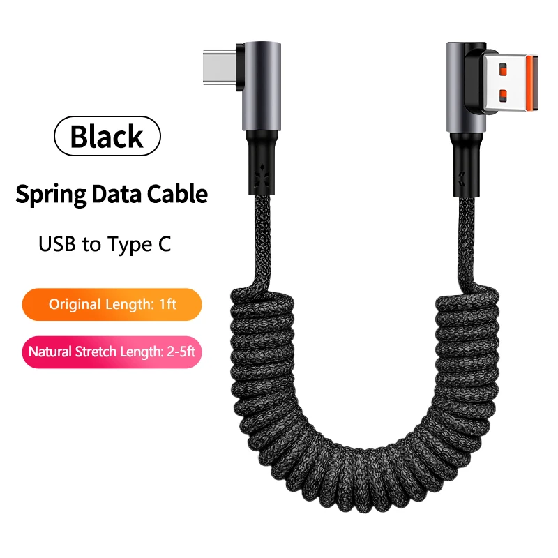 90 graden opgerolde USB-A naar USB C-kabel Rekbaar gevlochten snellaadoplaadsnoer, compatibel met Samsung Galaxy, iPhone 16 - afbeelding 1
