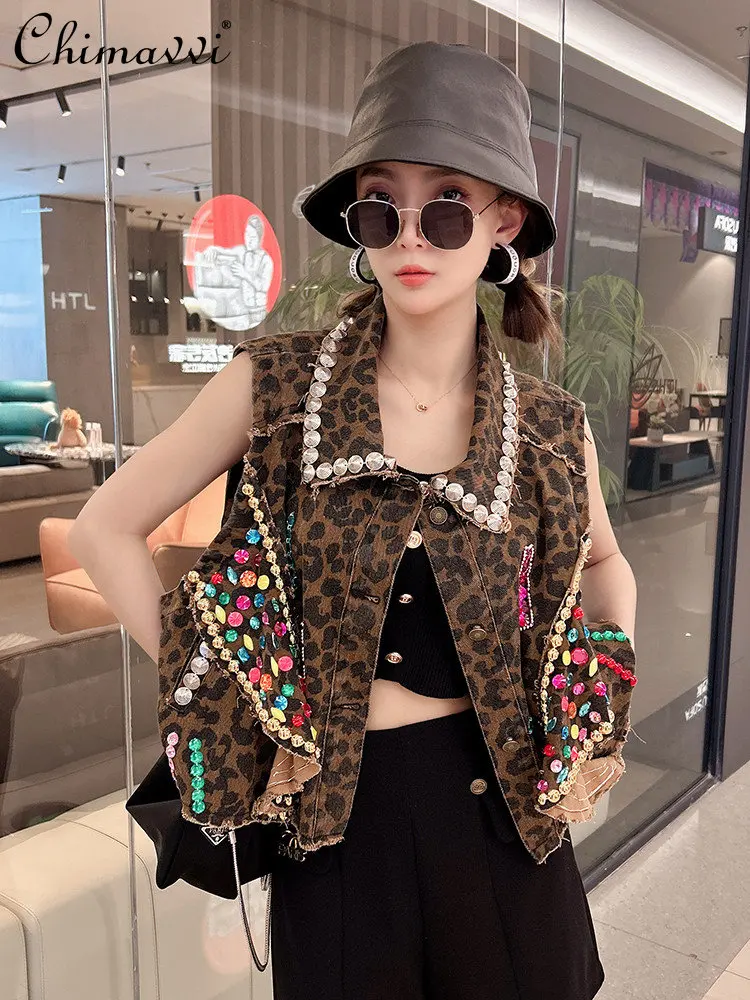 

Leopard Denim Vest Women's 2023 Summer Clothes Fashion Sleeveless Vest All-Matching Outer Wear Vest Coat Streetwear Short Jacket