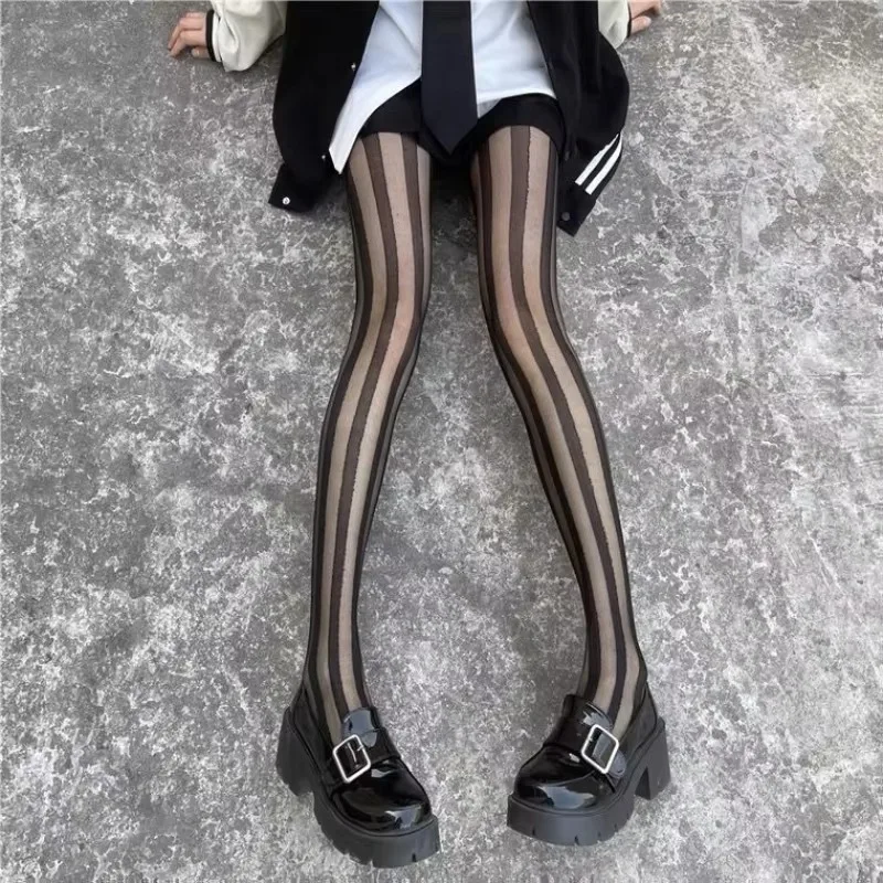 Vintage gestreepte panty's dames sexy pure brede verticale streep zwarte panty's retro klassieke nylon kousen dij hoge kousen
