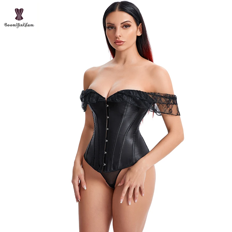 Plus Size S-6XL Front 6 Busk Closure Chest Binder Bustier Black White Satin Overbust Corset For Women With Lace Sleeves