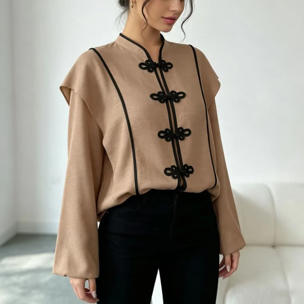 Women's Button-Front Stand-Up Collar Loose-Fit Long-Sleeve T-Shirt