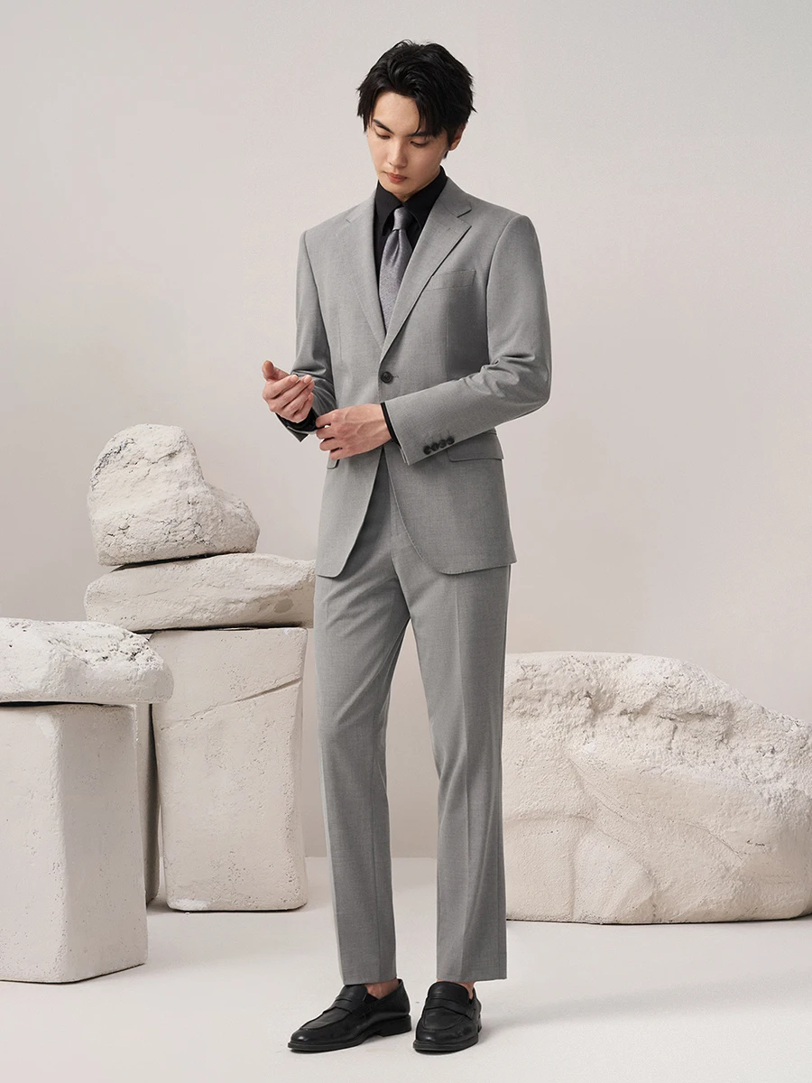 50% Wool Mens Suits Set Blazer + Pant Wedding Groom Wear Machine Washable Grey Fashion Man Leisure Slim Fit Blazer Trousers