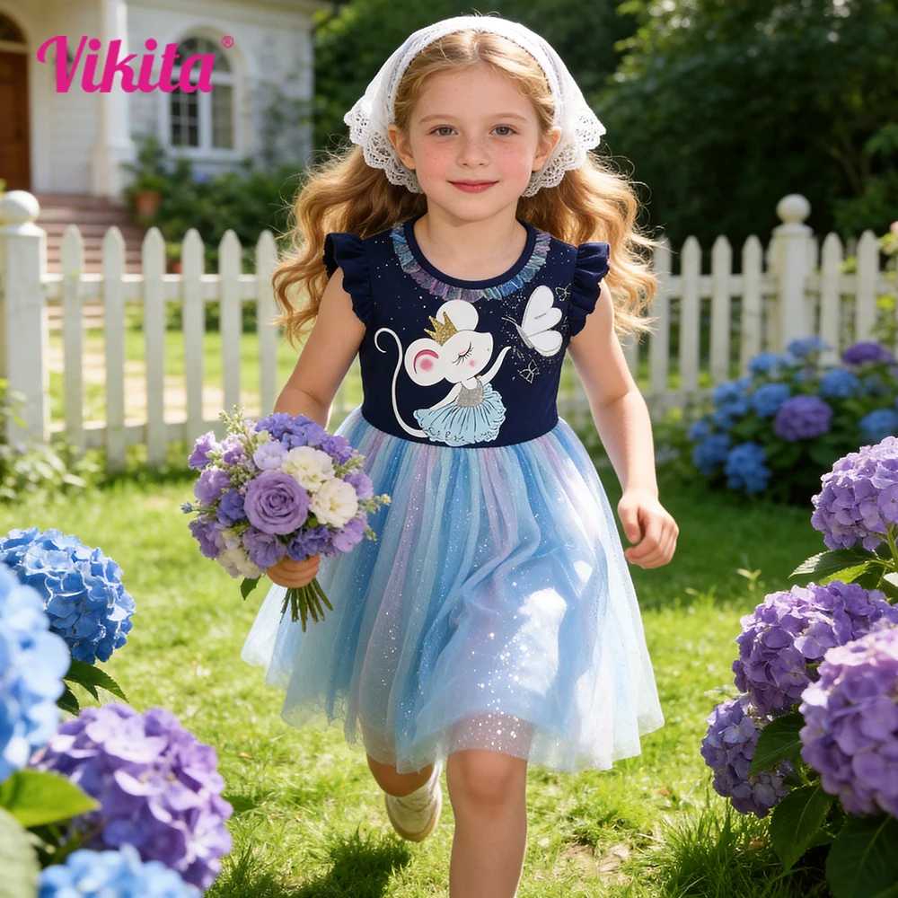 VIKITA Toddlers Girls Princess Dress Kids Mouse Print Tulle Sleeveless Summer Casual Party School Elegant Blue Frocks Outfit