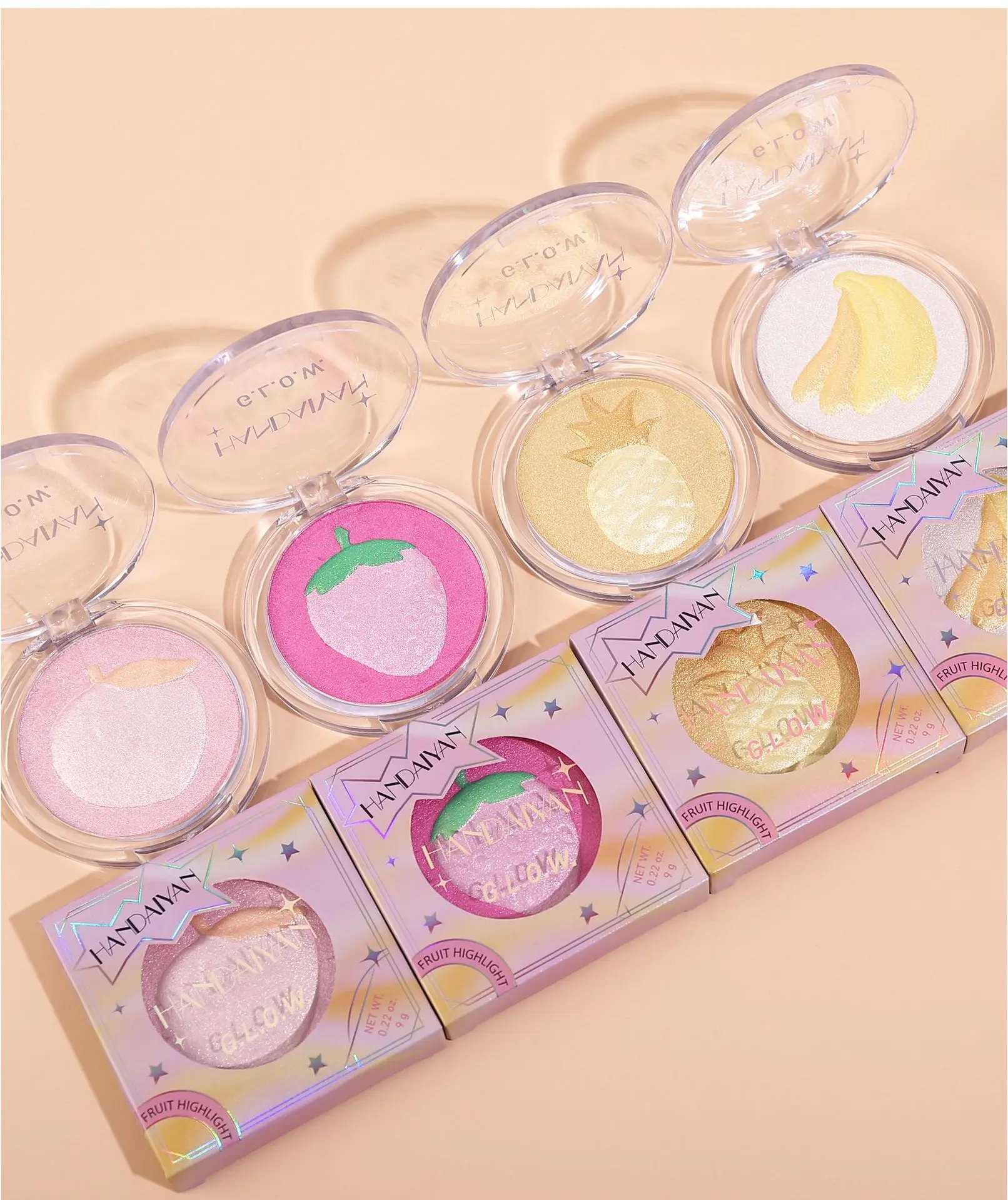 High Gloss Powder With Fruit Pattern 3d Diamond Glitter Highlighter Powder Cute Peach Pink Silver Facial Shadow Brightening