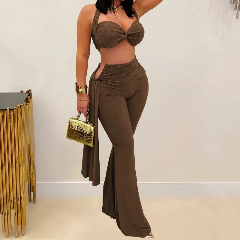 

Street Women's Set Halter Neck Crop Top and Ruched Wide Leg Pants 2025 Holiday Vacation Sexy Two 2 Piece Set Outfits