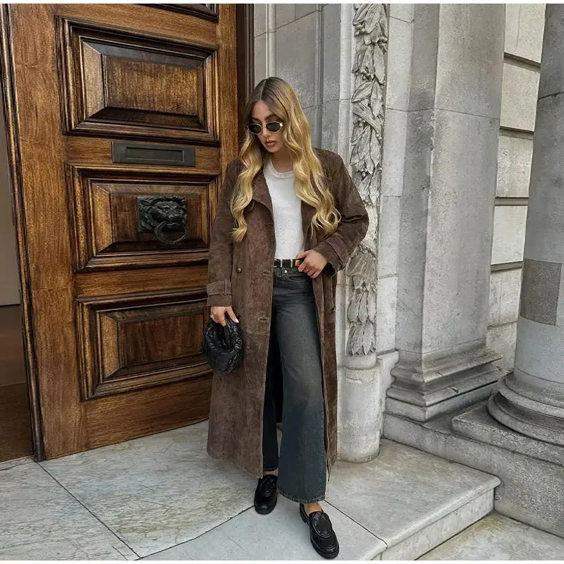 

suede Long Coat Women Jacket Turn-down Collar Coats Warm Wool Jackets sash Double Breasted Coat Outerwear Autumn Winter Overcoat