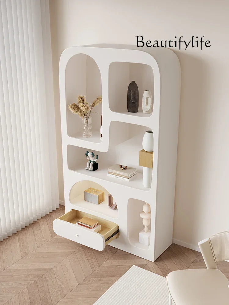 Cream Wind Bookcase Light Luxury Shelf Floor Storage Cabinet Living Room Bookcase Simple Cave Cabinet