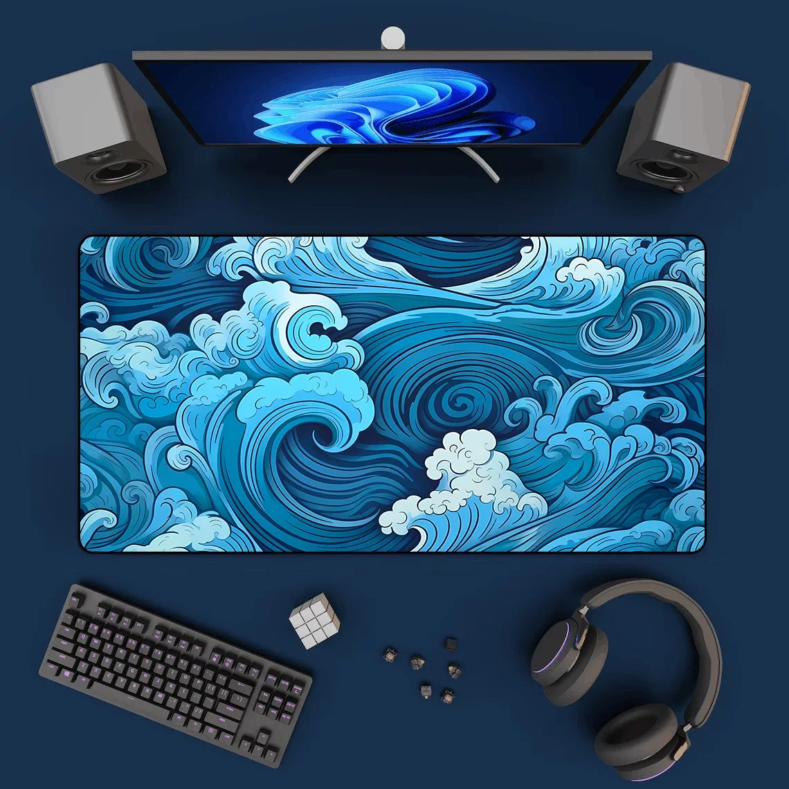 Tapis de souris japonais Blue Waves, art des polymères de bureau, tapis de souris de jeu média, sous-souris de bureau, caoutchouc naturel, polymères de table, accessoires de bureau, 900x400