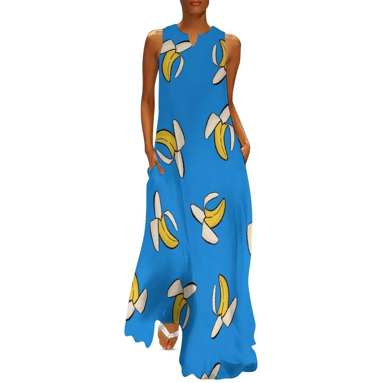 

Banana Pattern on Blue Long Dress Summer women's clothing summer dresses ladies 2025 Womens dresses Beachwear Dress