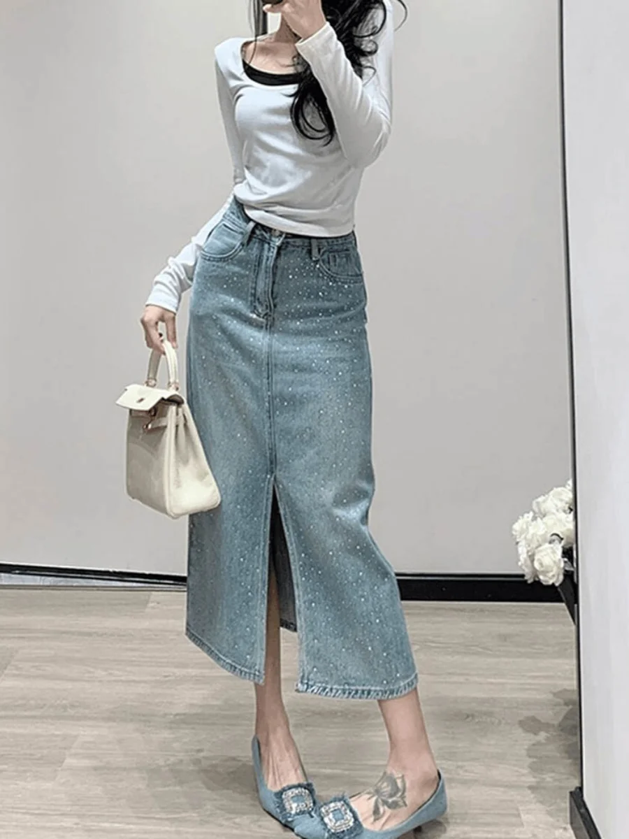 

Джинсовая юбка миди А-силуэта с высокой талией и стразами для женщин, весна 2024, корейский стиль, с разрезом, стройнящая