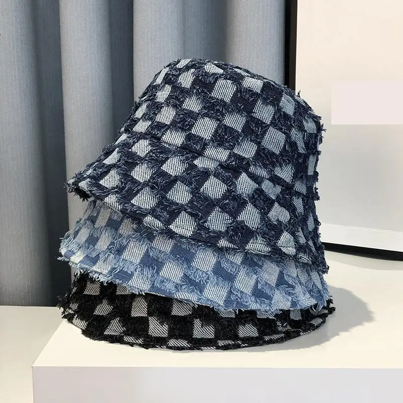 Foldable Checkerboard Fisherman Hat Washed Denim Bucket Hats Unisex Fashion Caps Hip Hop Streetwear Men Women Panama Bucket Cap