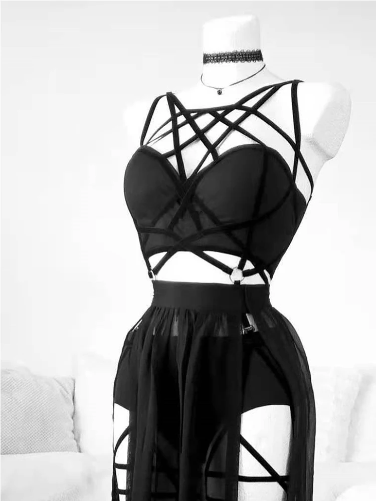 AltGoth Gothic Nightclub Sexy Skirt Set Women See Through Mesh Backless Crop Tops Emo Alt Punk High Waist Underpants Skirt 3pcs