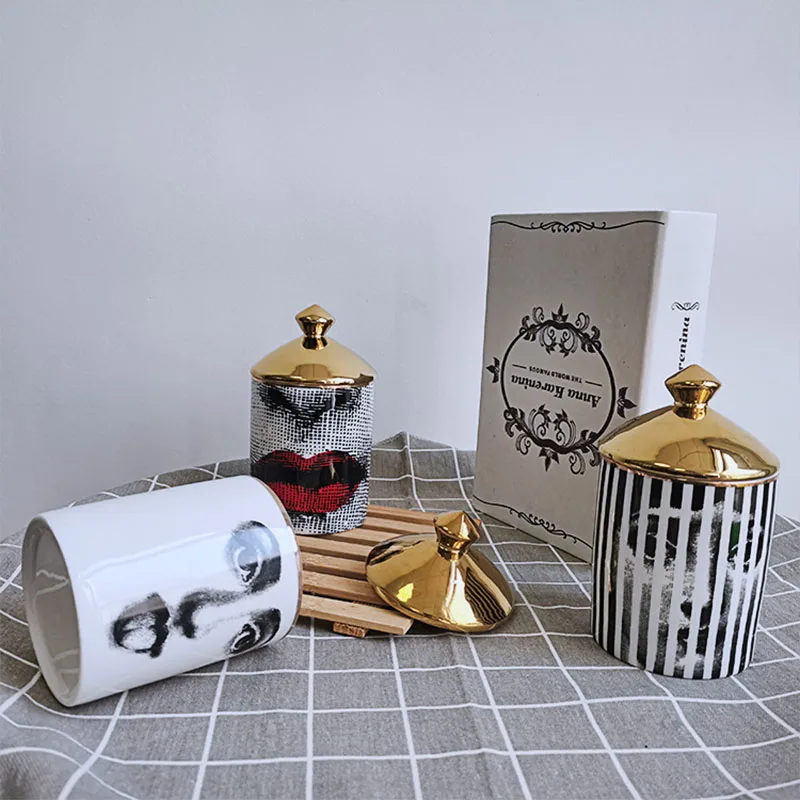 Female Portrait Ceramic Candy Jar with Gold Lid Diy Vintage Candle Holder Beauty Dressing Brush Pen Box Spice Tin Storage Tank