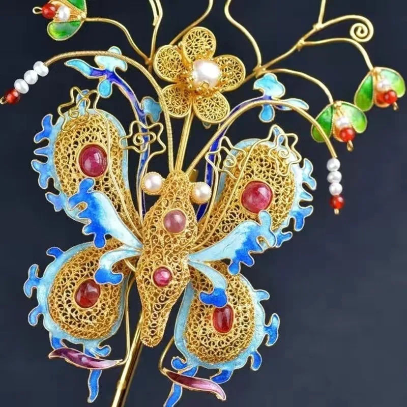 

Винтажная позолоченная филигранная шпилька в китайском стиле с веткой бабочки Цин Дворец Драма Аксессуар для волос для женщин Традиционный подарок