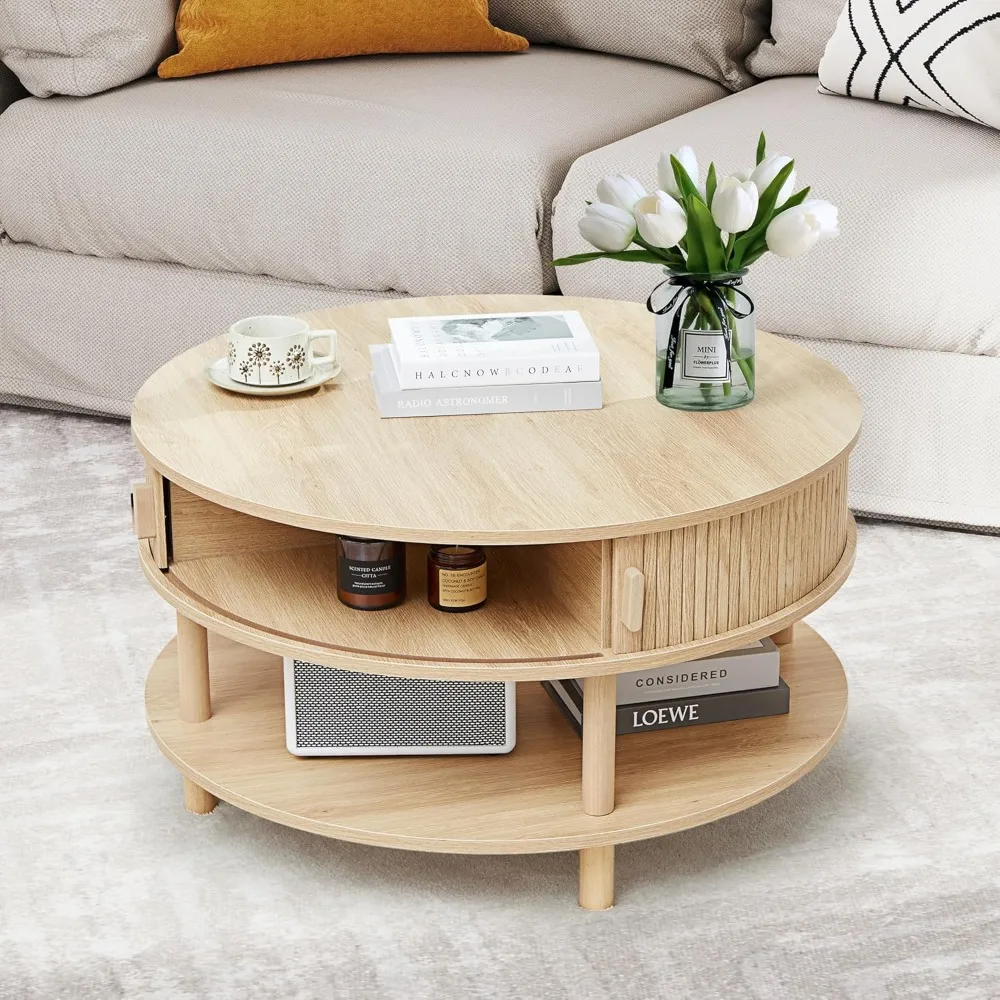 31,5" ronde salontafel met opbergruimte, houten cirkel salontafel met schuifkastdeuren, gecanneleerde eettafel Accent Center T