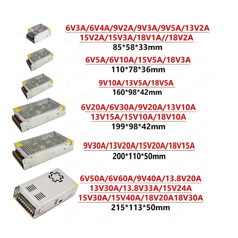 AC 220V to DC 6V 9V 13V 13.8V 15V 18V Switching Power Supply 30W 60W 90W 130W 150W 180W 200W 110V 10A 20A 30A Transformer SMPS